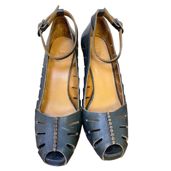 Frye Gwen Ankle Strap Black Leather Wedge Sandals 9.5 - Picture 2 of 11